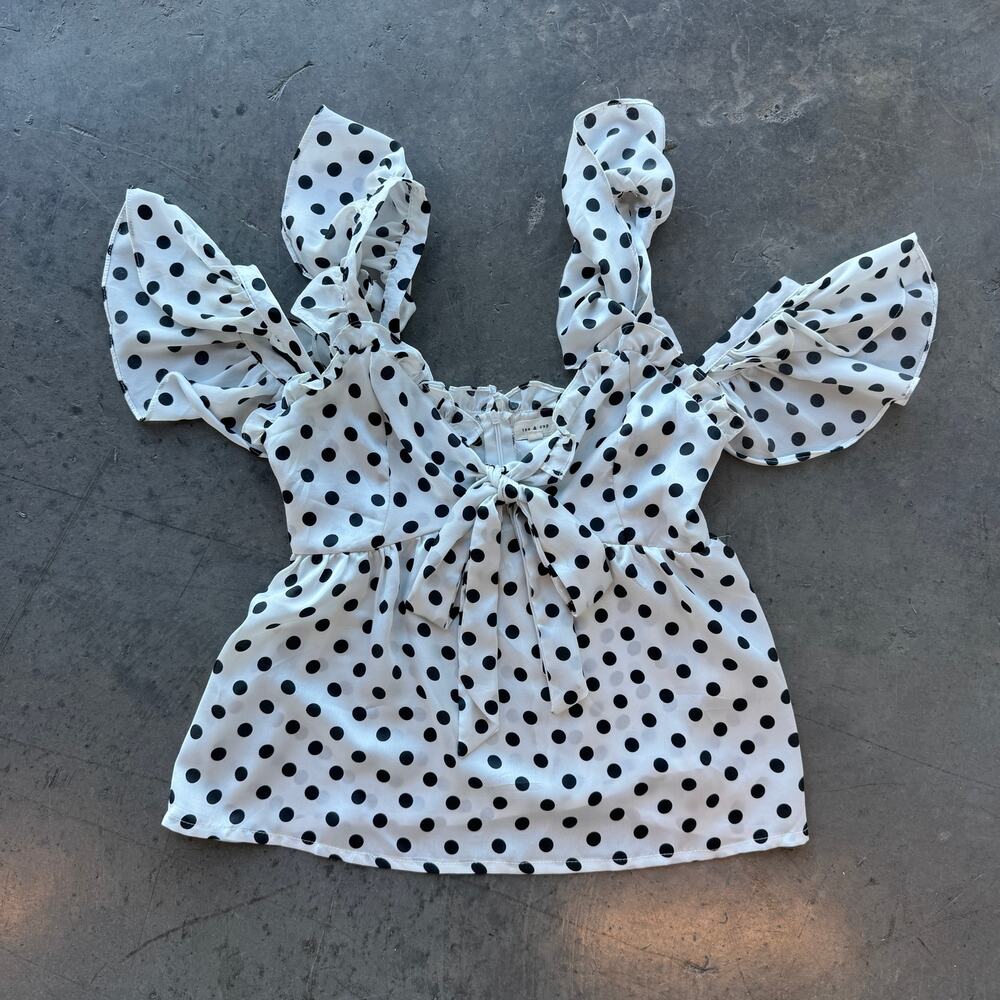 Vintage Y2k White Black Polka Dot Satin Frill Ruffle Off Shoulder Tank Top M